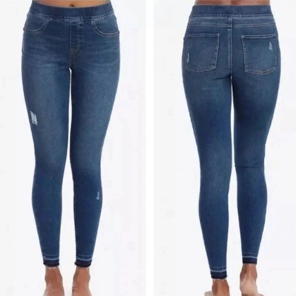 Spanx Distressed Ankle Open Hem Skinny Pullon High Rise Jeans